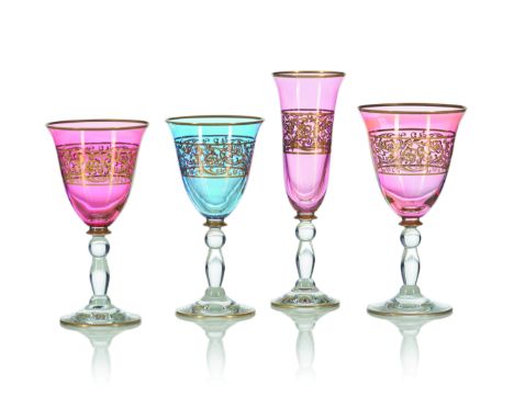 A part drinking glasses setStained glass, red and blue, with gilded scrolls and foliage motifs decoration _x000D_Comprising o