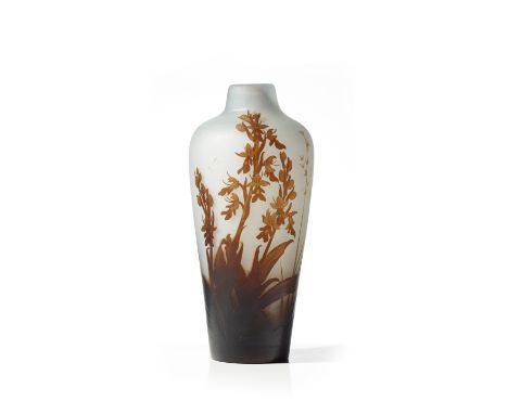 An Art Nouveau vaseGlass paste White and brown shades Landscape with flowers decoration SignedHeight: 29,5 cm