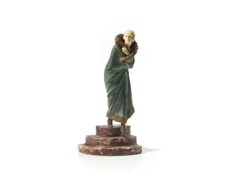 "Leaving the Opera", chryselephantine figureArt Deco patinated bronze sculpture Ivory head and hand Marble stand Signed to st