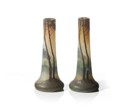 A pair of Art Nouveau solitary vasesGlass paste In orange and green shades Landscape with lake decoration SignedHeight: 16 cm