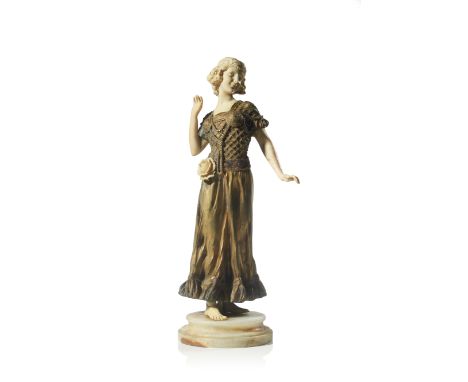 A Chryselephantine female dancer figureArt Deco bronze sculpture Ivory feet, arms, head and rose Alabaster stand France, 20th