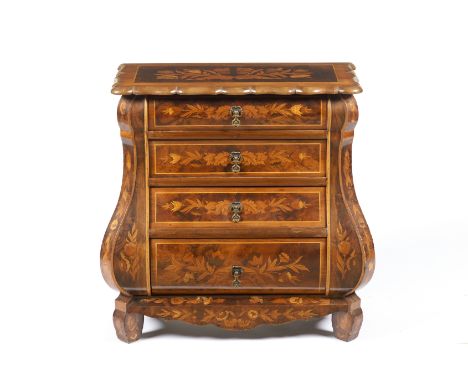 A small Dutch chest of drawersSolid mahogany of mahogany, burr walnut, satinwood and  boxwood floral marquetry decorationFour