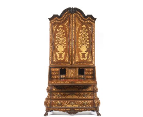 A Dutch bureauOak and walnut of floral and flower vases walnut marquetry decorationUpper section of two doors, inner textile 