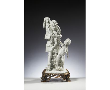 Children and dogBiscuit porcelain sculpture Reliefs and gilt bronze stanSigned and marked TRIADE(minor losses)36x16x16 cm 