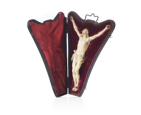 A Crucified ChristIvory sculptureIn a travelling storage caseEurope, 18th century(minor losses)30x20 cm*This item is not lega