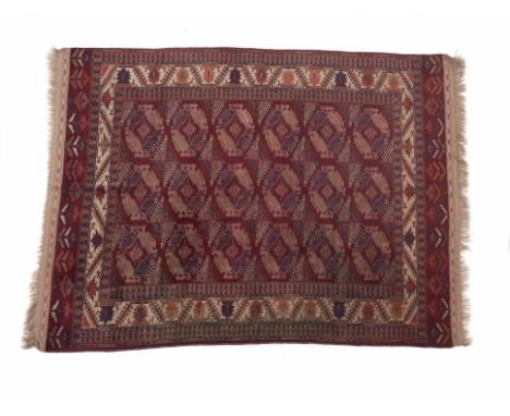 A Yamut rug, AfghanistanWool and cotton of geometric pattern in bordeaux and blue shades288x186 cm