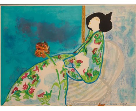 * LINDA LE KINFF (b. 1949) A reclining woman holding a large flower signed and numbered 1/200 in pencil, lithograph in colour