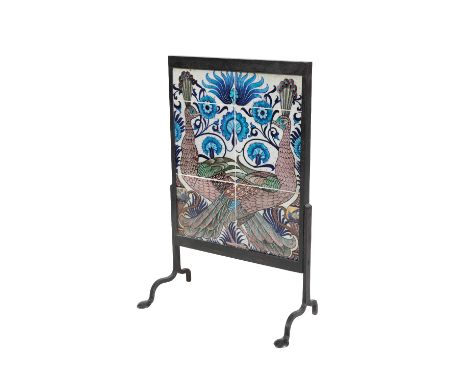   WILLIAM DE MORGAN (1839-1917): A TILE PANEL mounted as a fire screen in a cast-iron frame, the central tile panel decorated