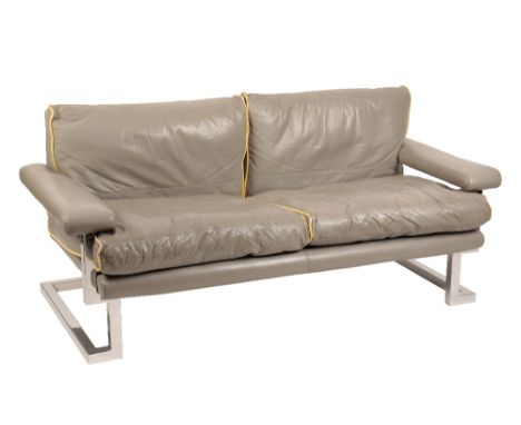 * TIM BATES FOR PIEFF: A MANDARIN" TWO SEATER SOFA" upholstered cushions in grey leather with lemon piping, chrome metal fram