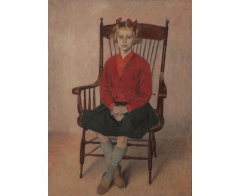  *CHRISTOPHER SANDERS (1905-1991) 'Frances Mary' a full-length portrait of a young girl seated in an interior, her hair tied 