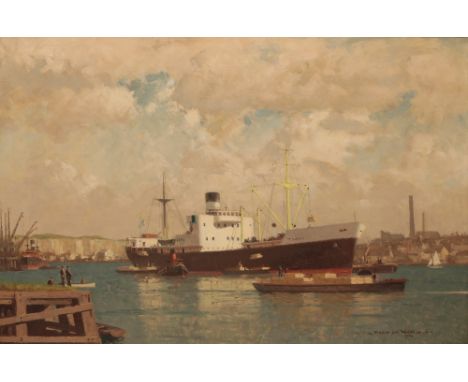  *NORMAN WILKINSON (1878-1971) 'Screw Steamer Tauri' unloading cargo onto barges, with white cliffs to one side and an indust