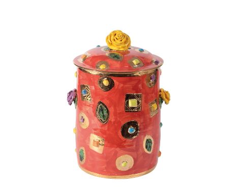 * MARY ROSE YOUNG (b.1958) A BREAD CROCK AND COVER cylindrical form, the body applied with ceramic "jewels" and flowers, pain