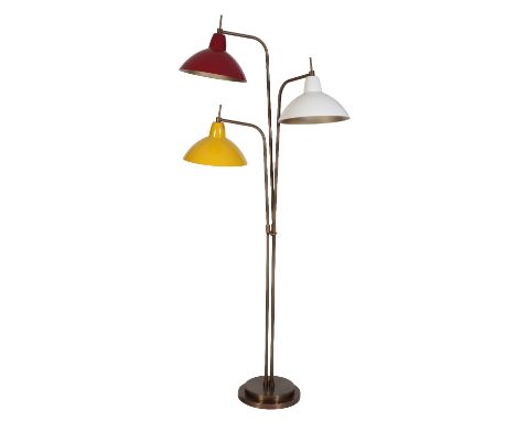  HEATHFIELD &amp; CO: A TRIPLE PILLAR ADJUSTABLE FLOOR LAMP with red, white and yellow shades. Provenance: The Devonshire Clu