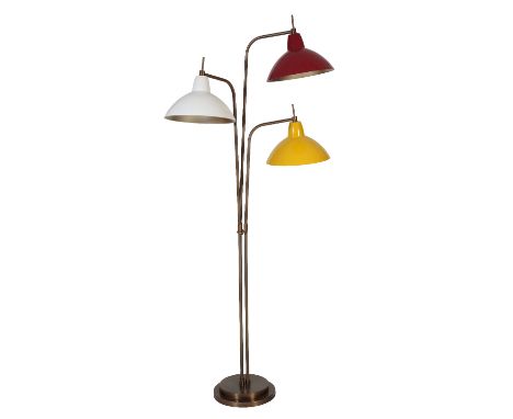  HEATHFIELD &amp; CO: A TRIPLE PILLAR ADJUSTABLE FLOOR LAMP with red, white and yellow shades. Provenance: The Devonshire Clu