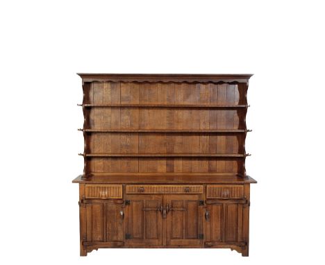 * NIGEL GRIFFITHS: A HANDMADE OAK DRESSER of Jacobean style, the top section with three open shelves&nbsp;&nbsp;and hanging h