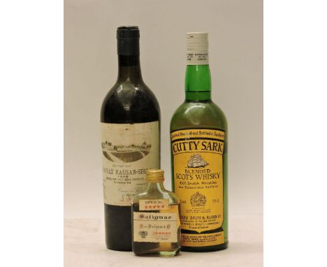 Assorted to include: Château Rauzan-Ségla, Margaux 2nd growth, 1949, one bottle (high shoulder); Cognac Salignac, one (hip fl