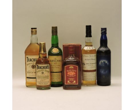 Assorted Whisky to include: Teacher’s Highland Cream, 40%, one half bottle (?1970’s/1980’s?); The Glenlivet Pure Single Malt 