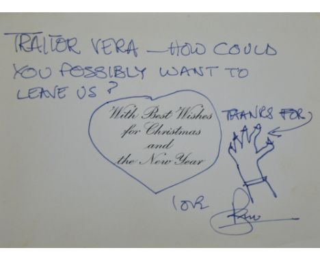 Roger Moore, best known for playing the 007 spy James Bond, a handwritten Christmas card to Vera Mitchell with inscription 'T