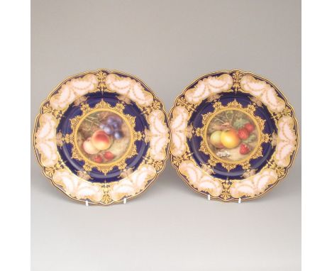Two Royal Worcester Dessert plates, painted with fruit. One painted with apples and strawberries, the other painted with peac