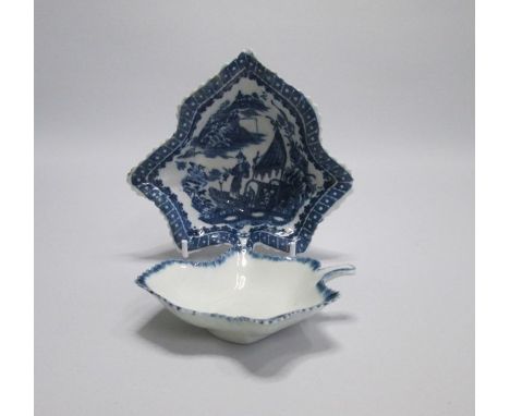 Two Caughley Blue and White Leaf Shaped Pickle Dishes. The larger one with The Fisherman Pattern. The other with Blue feather