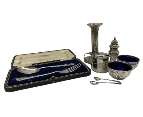Pair of silver circular salts with blue glass liners London 1917, silver circular mustard pot, pepperette, candlestick and a 