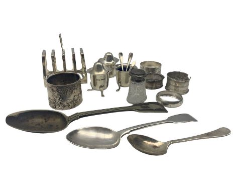 Silver four division toast rack Sheffield 1908 Maker Harrison Bros. &amp; Howson, silver three piece condiment set of circula