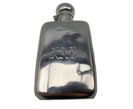 Silver spirit hip flask engraved with initials and with bayonet cap 13cm x 7cm Birmingham 1928 Maker Marples and Beasley 4.8o