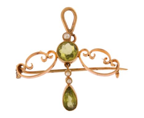 An Art Nouveau peridot and pearl openwork pendant/brooch, unmarked gold set with pear and round-cut peridots, height 30.3mm, 