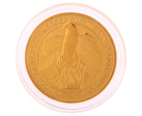 A Royal Mint Elizabeth II 2019 Falcon of the Plantagenets, Queen's Beast 1oz fine gold one hundred pounds coin, 999.9 finest,