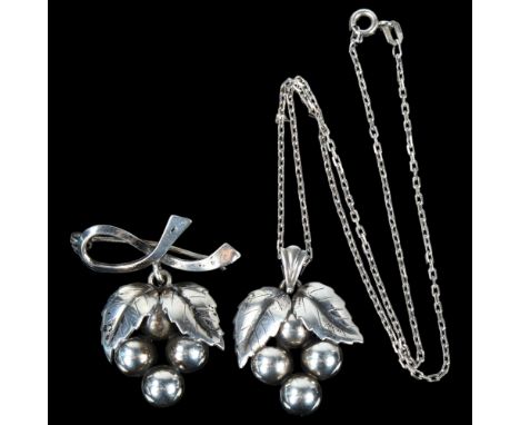 JOHN LAURIDSEN - an Art Nouveau Danish silver berry matching pendant necklace and brooch set, pendant 34.8mm, brooch 41.1mm, 