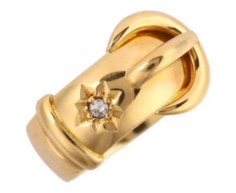 An early 20th century 18ct gold solitaire diamond belt buckle band ring, set with 0.02ct old-cut diamond, Chester 1917, band 