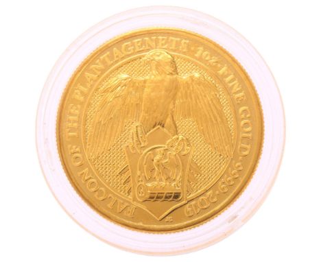 A Royal Mint Elizabeth II 2019 Falcon of the Plantagenets, Queen's Beast 1oz fine gold one hundred pounds coin, 999.9 finest,