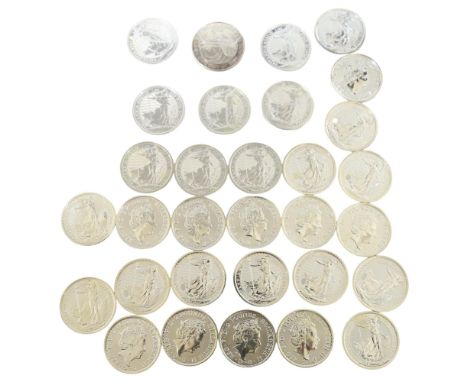 31 x Elizabeth II 1oz 999 fine silver Britannia two pounds coins, comprising 1x 2008, 1 x 2019, 1 x 2020, 5 x 2021, and 23 x 