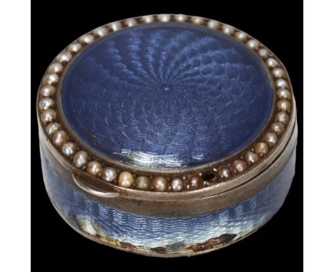 A German Art Deco silver, lilac enamel and split pearl pillbox, cylindrical form with guilloche enamel and gilded interior, m