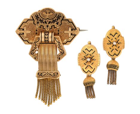 A Victorian Byzantine Revival black enamel and seed pearl jewellery set, circa 1860, comprising belt buckle brooch and pair o