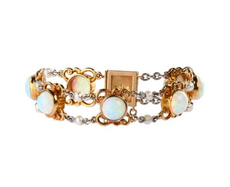 An early 20th century 15ct gold synthetic opal and pearl bracelet, each round cabochon opal set in openwork butterfly form, w