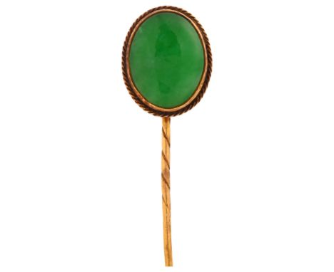 A Chinese 18ct gold jadeite jade stickpin, maker's marks ZW, set with oval cabochon jade of 3.5ct, jade weight calculated fro