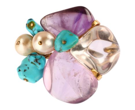 A French 18ct gold gem set brooch, maker's marks RS, set with rock crystal quartz amethyst turquoise and pearl, 39.6mm, 23.6g