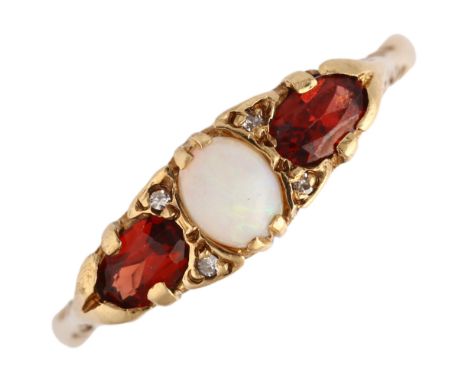 A modern 9ct gold opal garnet and diamond half hoop ring, setting height 6mm, size R, 2.4gNo damage or repair, all stones pre