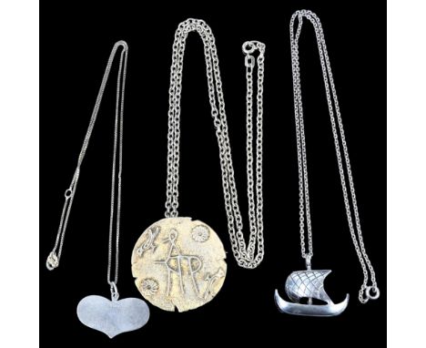 3 Danish silver pendant necklaces, including Viking ship example by Frans Magnussen, largest diameter 41.1mm, 36.9g total (3)