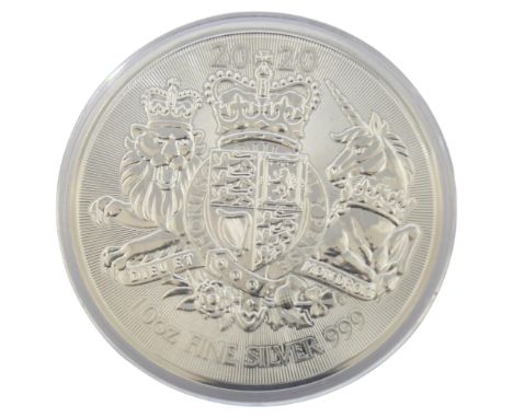 A Royal Mint 2020 Elizabeth II 10oz fine silver The Royal Arms bullion ten pounds coinVery light surface wear to high points 