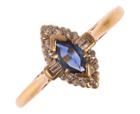 An early 20th century 18ct gold sapphire and diamond marquise cluster ring, platinum-topped set with marquise-cut diamond wit