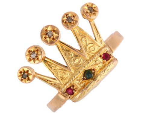 An Antique 9ct gold emerald ruby and diamond crown ring, setting height 15.9mm, size N, 3.4gRing has been re-purposed from a 