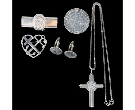 Various silver jewellery, including Greek cufflinks and brooch etc, cross 46.2mm, 57.3g total (5)No damage or repair, only li