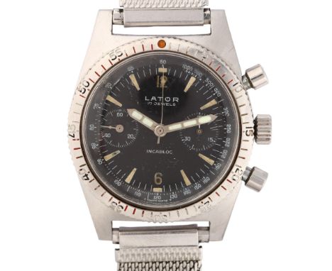 LATOR - a Vintage stainless steel Diver's mechanical chronograph bracelet watch, circa 1960s, black dial with luminous tapere