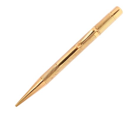 SAMPSON MORDAN & CO - an Art Deco 9ct gold Everpoint propelling pencil, London 1928, engine turned and ribbed barrel, registr