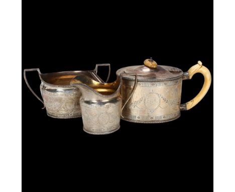 A Victorian silver 3-piece tea set, George Fox, London 1882, comprising teapot, 2-handled sugar bowl and cream jug, plain ova