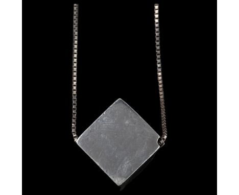 A Danish silver cube design pendant with sterling silver box link chain, cube marked 925, cube 15mm across, 8.7gNo damage or 