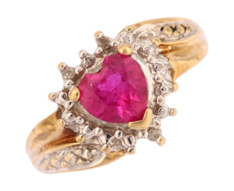 A modern 9ct gold ruby and diamond heart cluster ring, maker HG Ltd, set with heart-cut ruby and single-cut diamonds, setting