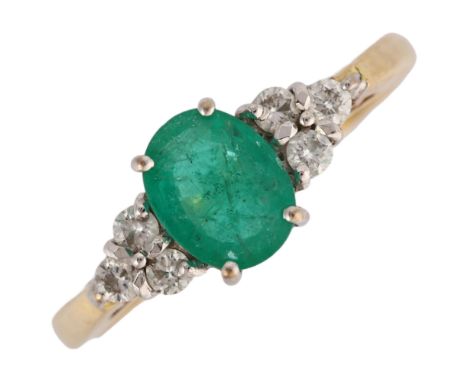 An 18ct gold emerald and diamond dress ring, maker CPM, prong set with oval mixed-cut emerald of approx 1.05ct and modern rou